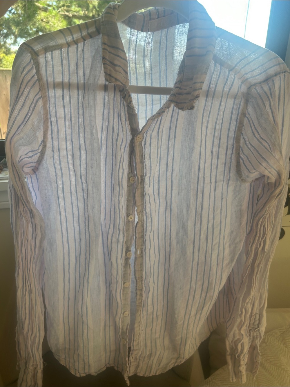 CP SHADES Sheer Pinkish White 100% Linen Blouse with Light Blue Stripes